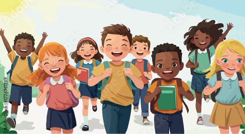 Diverse Happy Kids Running To School With Backpacks Sunshine Day