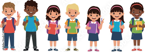 Diverse Kids With Backpacks And Books Pixel Art Style