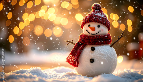 A cheerful snowman wearing a red hat and scarf amidst a snowy, festive scene with bokeh lights.