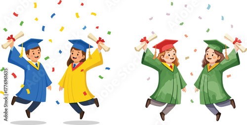 Graduation celebration, happy students, diploma success, academic achievement, colorful confetti, university ceremony, joyful graduates, education milestone, cap and gown, festive mood