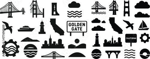 Golden Gate Bridge California Solid Silhouette Icons Set on White Background