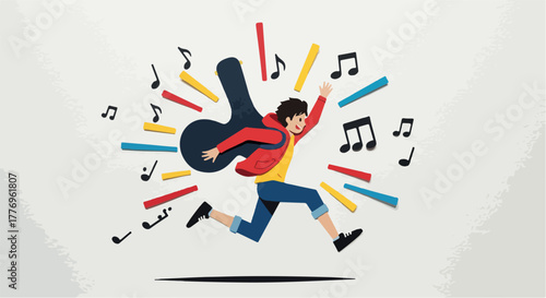 Dynamic Man Running With Guitar And Musical Notes In Bright Colors
