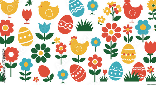 Easter Chickens Flowers Eggs Abstract Pixel Art Pattern Colorful