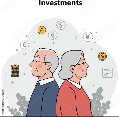 Elderly Couple Finance Investments Flat Design Vector Illustration
