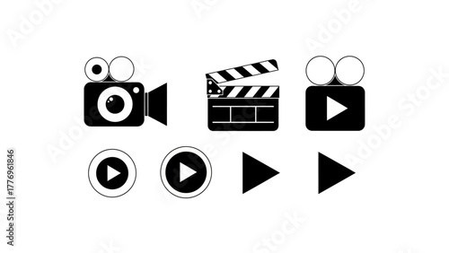 Movie Set Film Slate, Play Buttons, and Black Camera Icons on a White Background