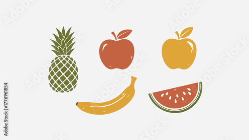 Fresh Fruit Collection Featuring Pineapple, Apples, Banana, and Watermelon Illustration