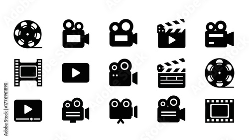 Collection of cinema and film icons film reels, video cameras, and clapboards