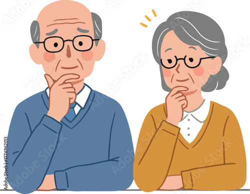 Elderly Couple Thinking With Confused Expression Vector Illustration