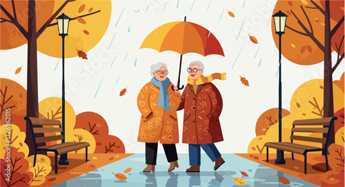 Elderly Couple Umbrella Autumn Park Rain Yellow Orange Coats Minimal Illustration
