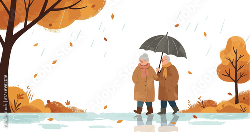 Elderly Couple Walking Under Umbrella Autumn Rain Minimalist Pixel Art Style