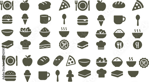 A clean, flat 16-icon set featuring food and meal symbols. Includes plate, fork and knife, apple, bread, pizza slice, burger, ice cream, cup, spoon, bowl, salad, rice bowl, soup, sandwich, chef hat, a