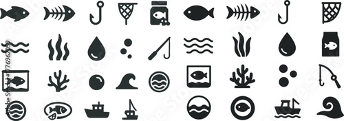 A minimal 16-icon set featuring fish and marine life symbols (no animals, just icons). Includes fish silhouette, fishbone, fishing hook, net, wave, seaweed, water drop, fish food, aquarium, coral, bub