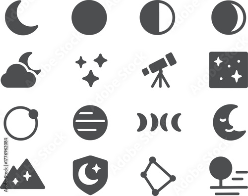 A minimal 16-icon flat set representing the moon and night sky concepts. Includes crescent moon, full moon, half moon, eclipse, cloud with moon, stars, telescope, night sky, orbit, planet, lunar phase