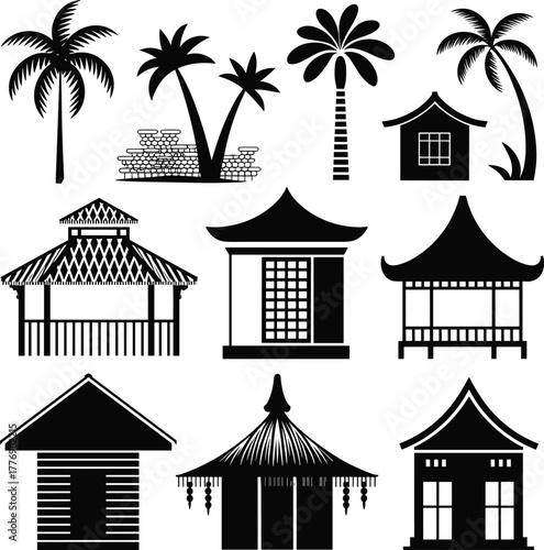 Tropical palm trees and traditional Asian huts vector illustration with wooden houses, bamboo cottages, exotic resort gazebos, vacation bungalows and village homes