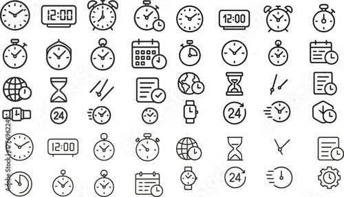 A minimal 16-icon set featuring time and clock concepts. Includes analog clock, digital clock, alarm, stopwatch, timer, wall clock, pocket watch, calendar with clock, time zone globe, hourglass, clock