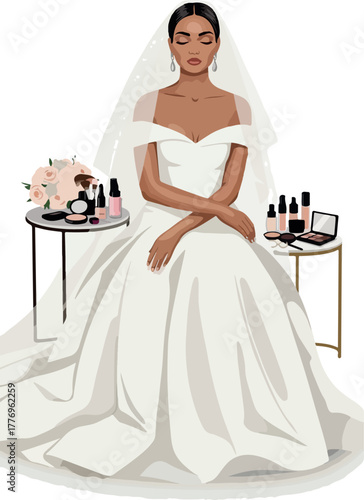 Elegant Bride in White Gown with Makeup and Flowers Vector Art