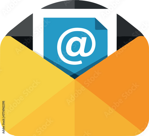 Email Icon Vector Illustration Yellow Envelope With Blue Paper And At Symbol