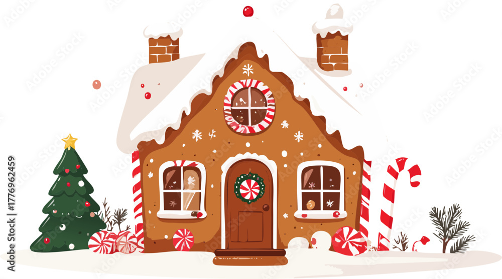Fototapeta premium A charming gingerbread house decorated for Christmas with snow, candy canes, and a festive Christmas tree.