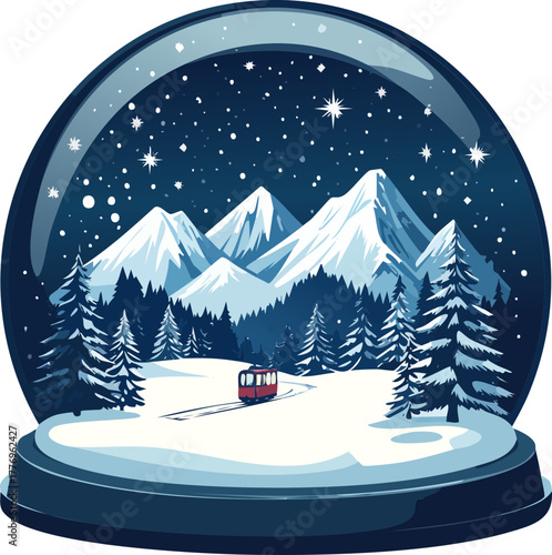 Snow globe illustration featuring snowy mountains, trees, a cable car, and a starry night sky.