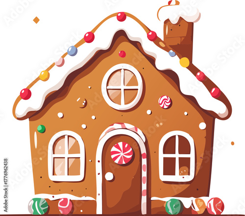 A charming cartoon gingerbread house decorated with white icing, colorful candies, and peppermint swirls for the holidays.