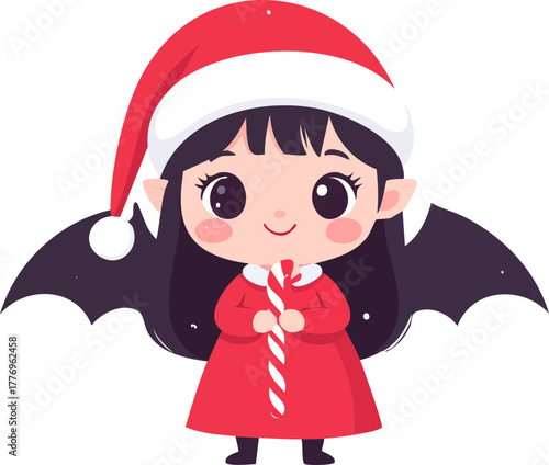 A cute cartoon vampire girl wearing a Santa hat and holding a candy cane, with bat wings.