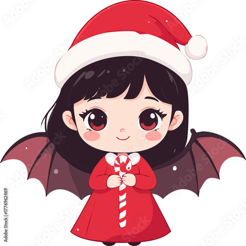 Cute cartoon girl with bat wings wearing a Santa hat holding a candy cane.