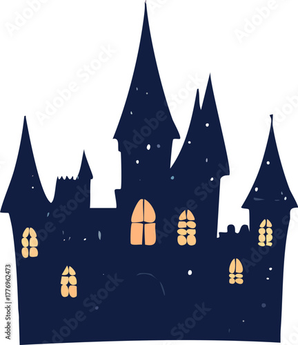 A dark blue silhouette of a magical fairytale castle at night with glowing windows and stars in the sky.