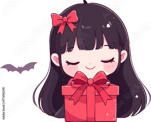 Cute chibi girl with dark hair and red bow holding a red gift box, smiling gently, with a small bat silhouette.