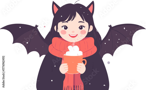 A cute girl dressed as a bat, holding a warm beverage, smiling happily.
