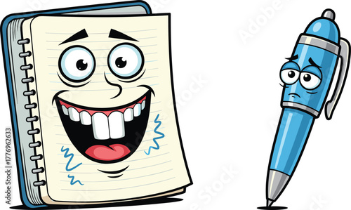 Funny cartoon notebook and pen with expressive faces, happy and sad emotions, school stationery illustration, kids design, vector art