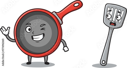 Funny cartoon frying pan and spatula characters, kitchen utensils with faces, emotional expressions, cooking tools, vector illustration, isolated white background
