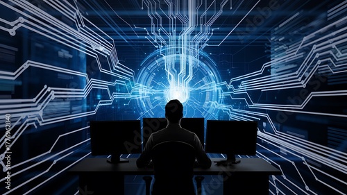 Rear view of cybersecurity analyst monitoring multiple screens in high-tech data center, surrounded by digital network lines, advanced data visualization, and futuristic technology concept
