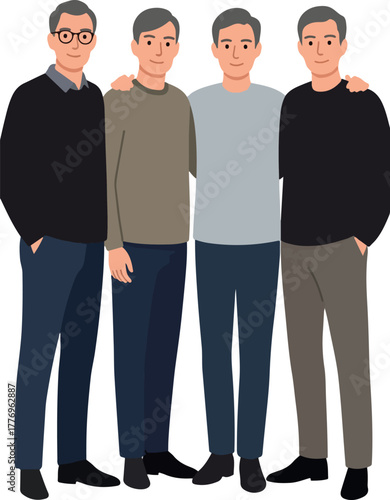 Four Men Standing Together Casual Outfits Flat Vector Illustration