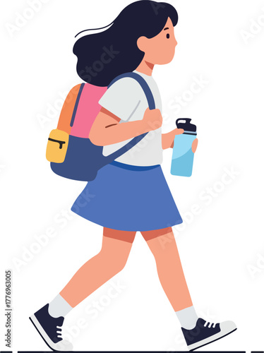 Girl With Backpack Walking Flat Design Isolated Object