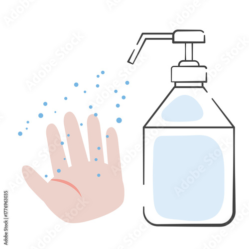 手指用アルコールスプレーのボトルと霧状の消毒液がかかる手のイラスト