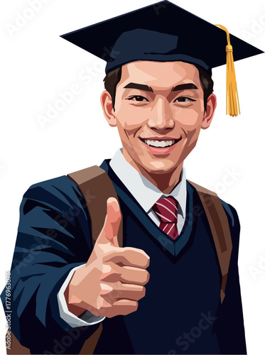 Graduation Thumbs Up Asian Man In Cap And Gown Blue Suit