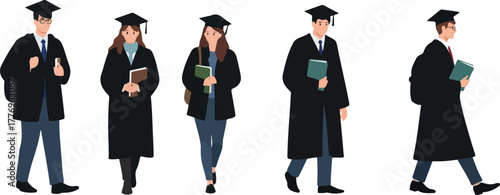 Graduation Students In Black Robes With Caps And Books Minimal Illustration