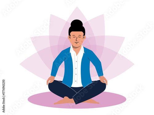 A woman in an office uniform is practicing meditation. Meditation vector illustration. Flat illustration concept.