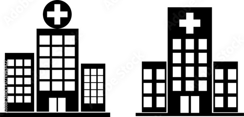 Design for healthcare map markers, medical app interfaces, or emergency service websites: Two minimalist black icons of hospital buildings with cross symbols. EPS version.