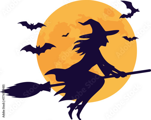 Halloween Witch Flying Silhouette Against Orange Moon Bats Night Sky