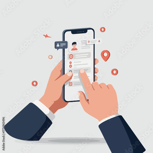 Hand Scrolling Through Social Media Profile on Smartphone Flat Design