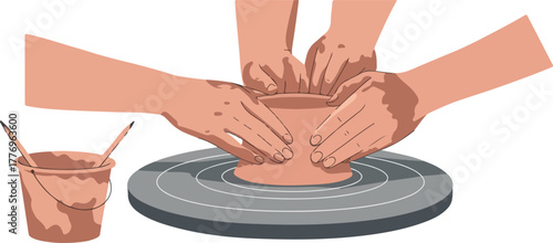 Hands Working Together On Pottery Wheel Creating Clay Pot Art