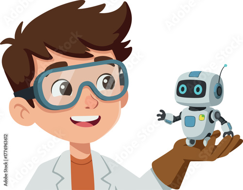 Happy Boy In Lab Coat Holds Tiny Robot Character