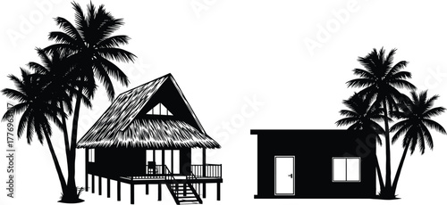 Tropical scene with traditional stilt house and modern home surrounded by palm trees, showcasing architectural contrast, culture, and nature harmony