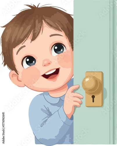 Happy Boy Peeking Door Knob Blue Shirt Light Green Door