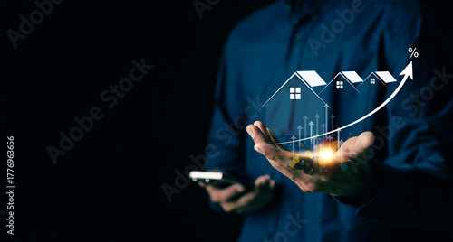 Real estate investment concept,Buy and sell houses and real estate online on a virtual screen. real estate market.Buy, own, and sell properties for profit.