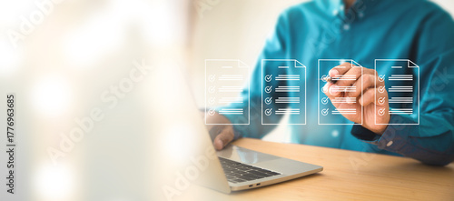 Document management system DMS. Assessment form, questionnaire, checklist and clipboard task management online survey exam Choosing the right answer in the exam.