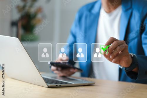 Digital Resume Screening by HR Professional. Human resource manager evaluate multiple resumes or CV online, modern recruitment and candidate selection processes.