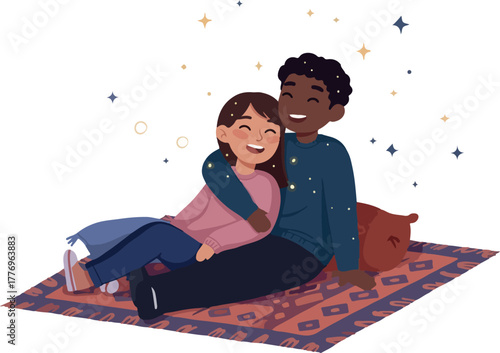 Happy Couple Hugging on Magic Carpet Under Starry Night Sky