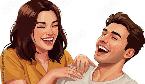 Happy Couple Laughing Together Yellow Mustard Shirt and White Top